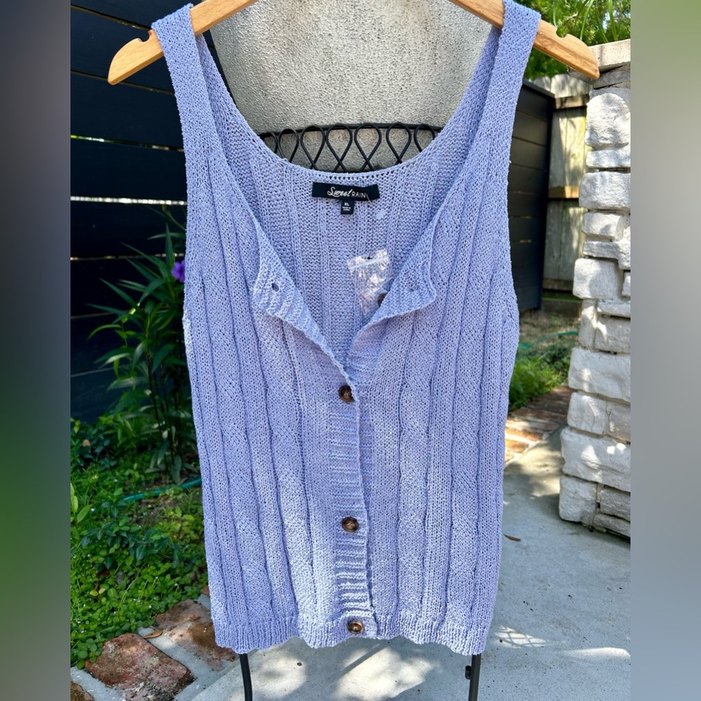 Sweet Rain Pale Thin Strap Blue Knit Top, buttons down front, Sz XL, New w/ Tags